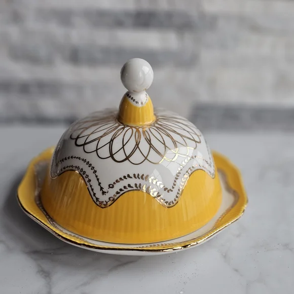 Anthropologie Yellow and White Butter Dish - Picture 3 of 5